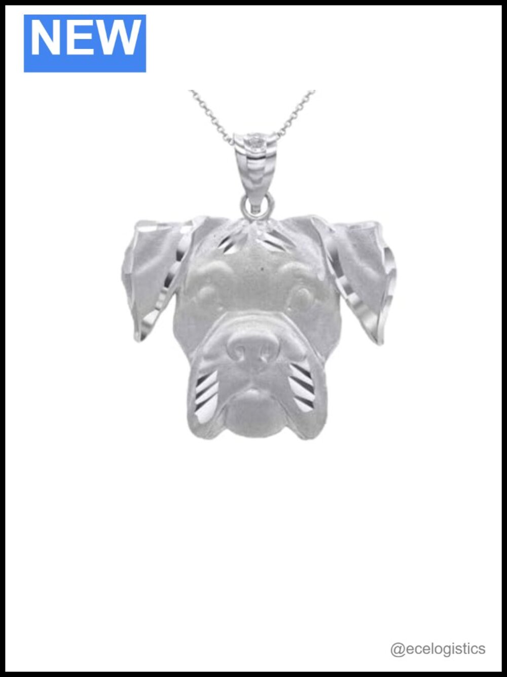 Sterling Silver Boxer Dog Head Pendant Necklace 18" Rolo Chain
